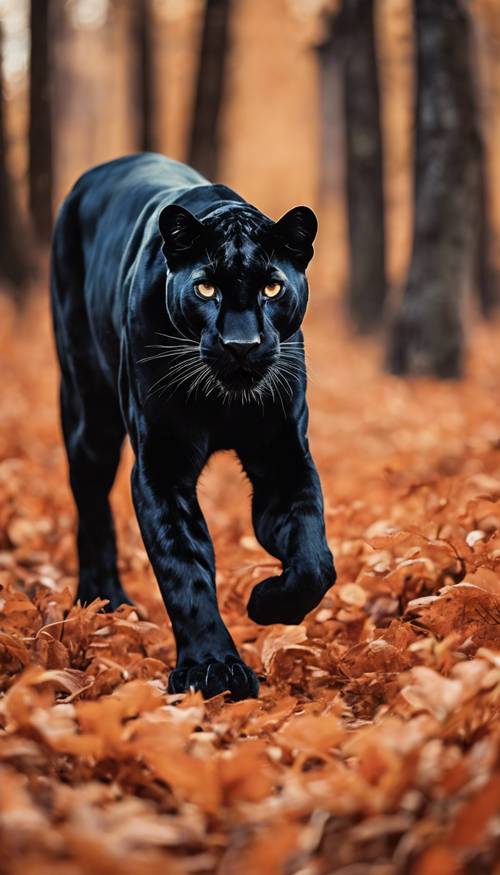 Czarna pantera krąży po pomarańczowym jesiennym lesie.