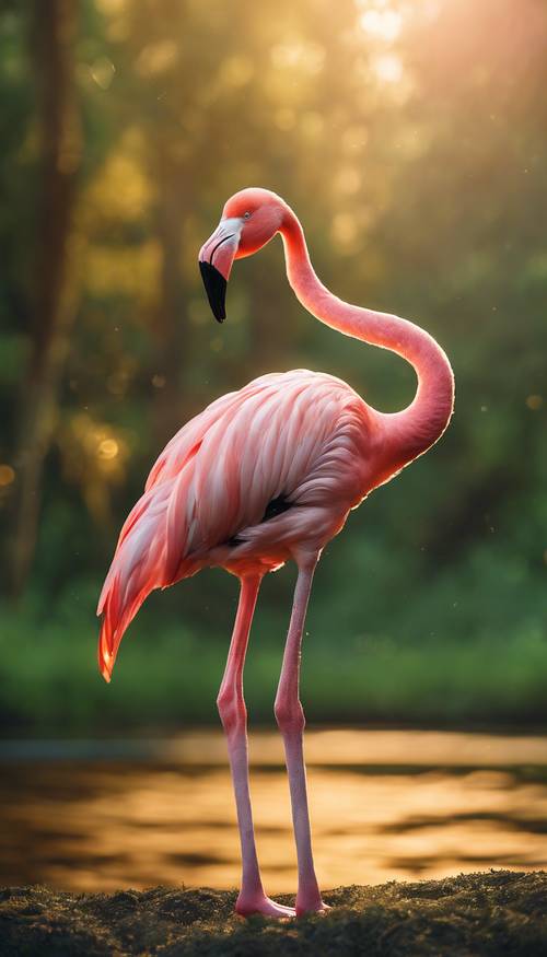 Ein ruhiger Flamingo steht hoch erhoben inmitten eines wunderschönen üppig grünen Waldes mit dem goldenen Sonnenuntergang im Hintergrund.