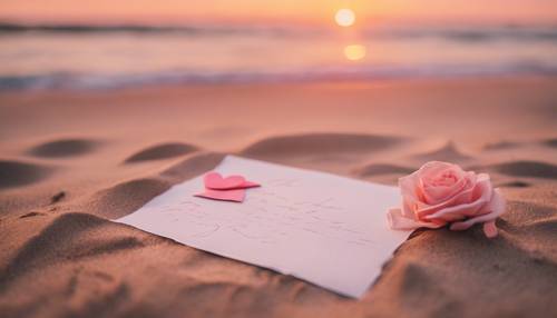 A rosy blush sunset backdrop with a handwritten love letter in the sand.