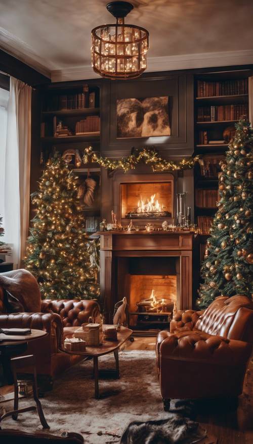 Ruang belajar Natal yang nyaman bergaya preppy dengan sofa kulit Chesterfield dan perapian yang menyala-nyala.