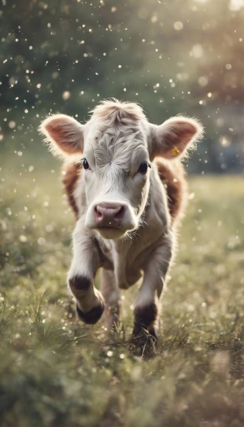 Vaca bebê fofa com manchas pastel suaves correndo alegremente.