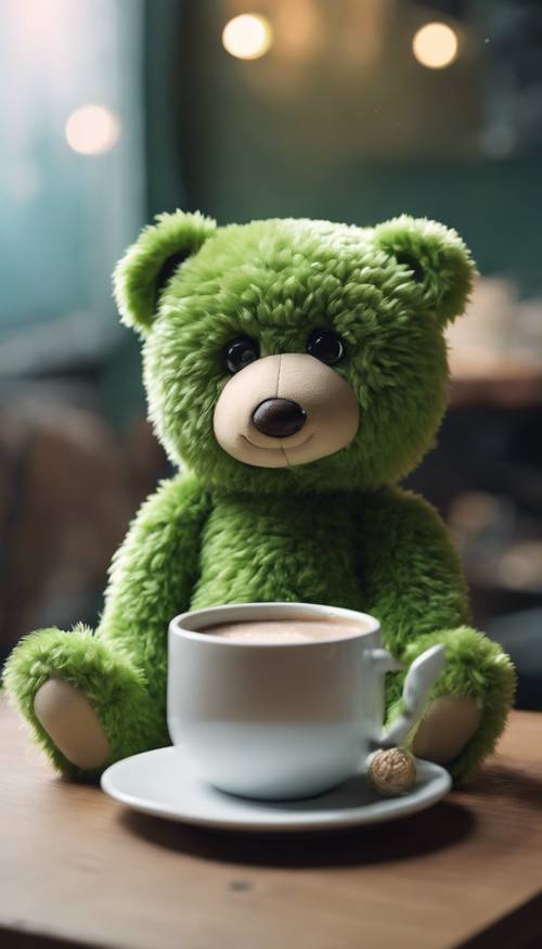 A cute green teddy bear with big round eyes sitting on a table, one of its paws gently resting on a cup of hot chocolate.