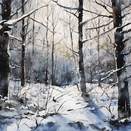 A high contrast watercolor painting of a peaceful dark woodland covered in snow.
