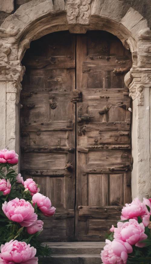 Bunga peoni antik menghiasi pintu kayu kuno yang berat.