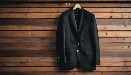Un blazer nero in stile preppy, piegato ordinatamente su una rastrelliera di legno.
