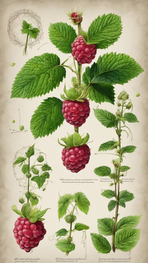A detailed botanical illustration of the life cycle of a raspberry bush.