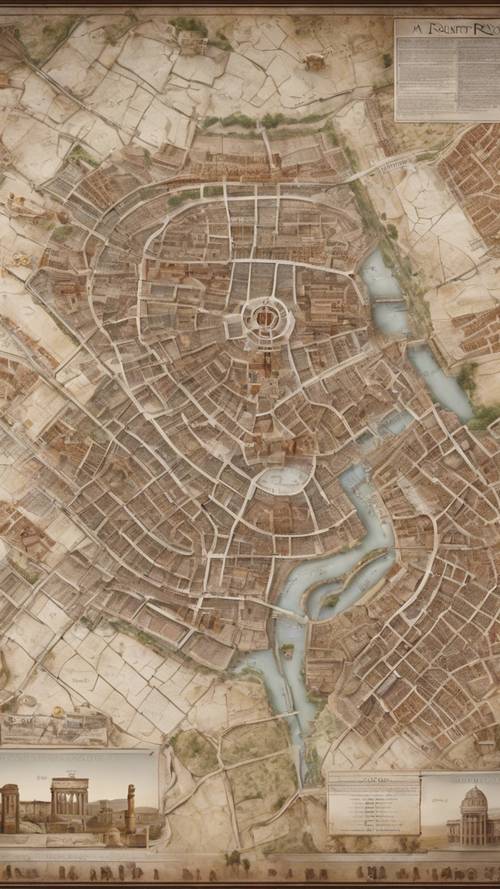 Kolezyum ve Forum gibi önemli tarihi yerlerin yer aldığı antik Roma haritası.