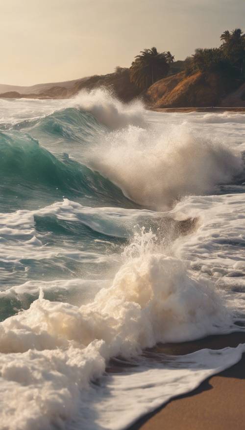 Une peinture d&#39;un littoral avec des vagues envoûtantes surmontées d&#39;une mousse lisse de couleur crème.