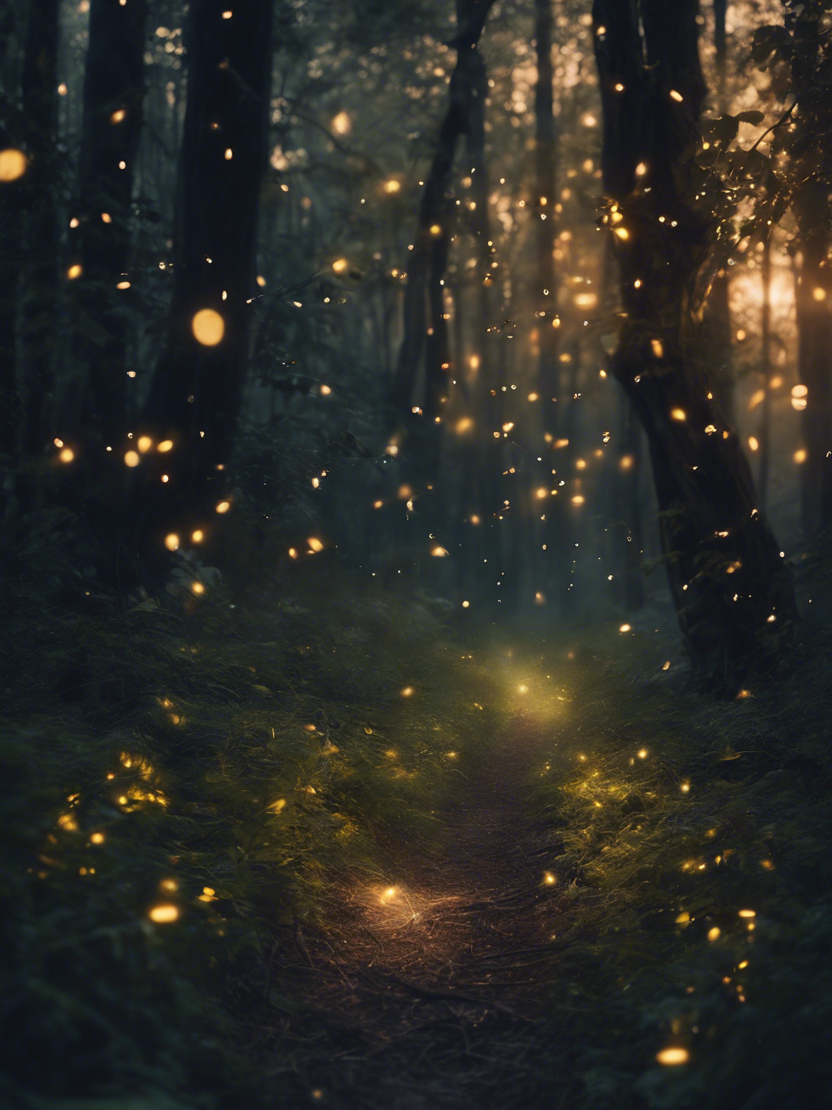 An enigmatic dark forest with fireflies glowing, set in a dream.壁紙[1695aad10dba44689bbb]