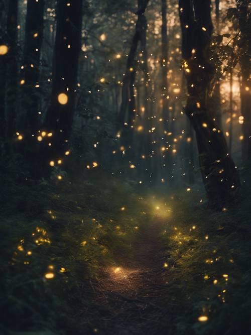 Un&#39;enigmatica foresta oscura con lucciole luminose, ambientata in un sogno.