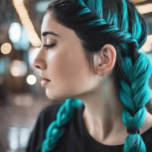 Những sợi tóc màu ngọc lam nổi bật trong bím tóc của cô gái tóc đen.