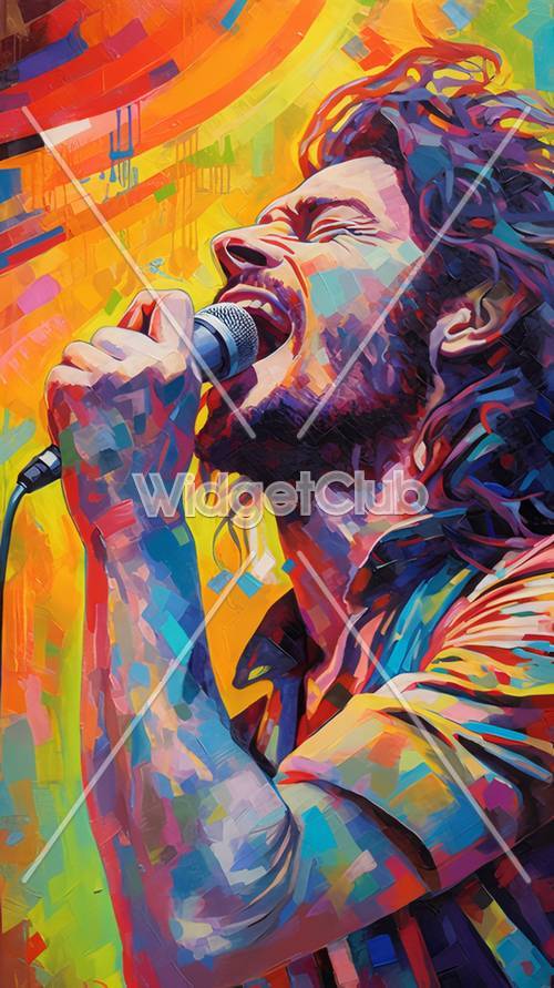Colorful Singer Singing into a Microphone