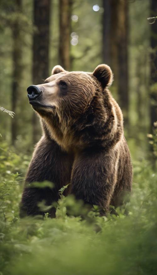 무성한 녹색 숲 속에 뒷다리로 서 있는 성체 회색곰이 그 거대함을 보여주고 있습니다.