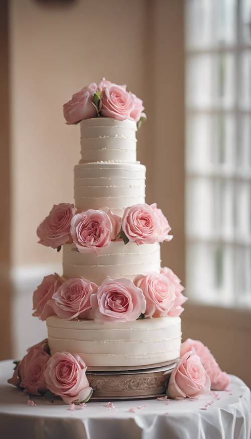 A three tiered wedding cake adorned with delicate pink roses and white icing in a romantic setting.
