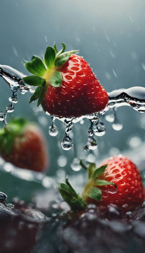 Eine Makroaufnahme eines Regentropfens, der kurz davor ist, von einer reifen, saftigen Erdbeere zu fallen