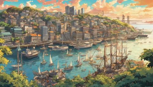 مدينة ساحلية على طراز الرسوم المتحركة مع ميناء صاخب وسفن تبحر في البحر في الخلفية. ورق الجدران [b1a249b3c46d490eb852]
