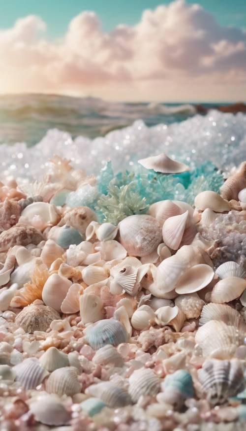 A dreamy collage depicting a landscape made entirely from pastel-colored sea shells. Tapeta [67d5d9b8e272412aacce]