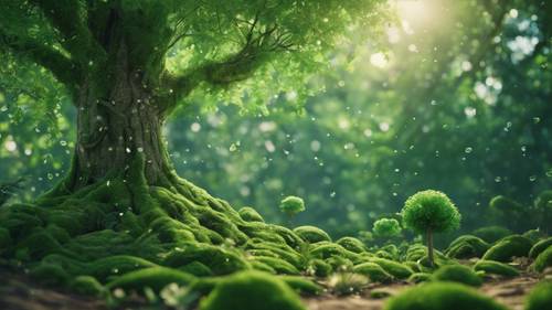 Una escena ambiental caprichosa y feliz: un árbol terrestre repleto de vida en un bosque esmeralda.