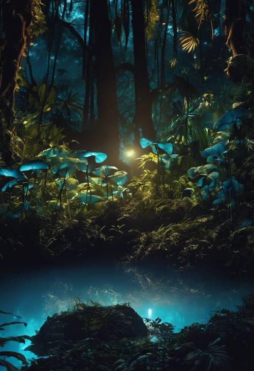 A selva à noite, cheia de sombras, apenas com o sussurro do vento e o sutil brilho azul dos fungos brilhantes.