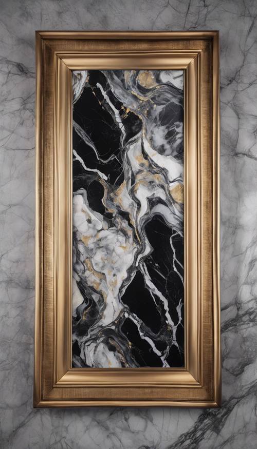 Ein impressionistisches Gemälde aus schwarzem und silbernem Marmor, präsentiert in einem goldenen Rahmen.