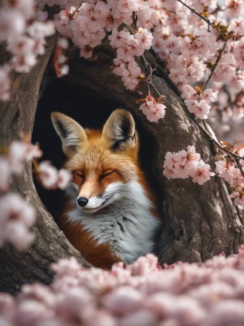 A young fox curled up, engulfed within its bushy tail, asleep amidst the white petals from a nearby blooming cherry blossom tree.