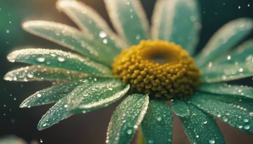 黎明时分，一朵沾满露珠的绿色雏菊的特写镜头，花瓣的细节十分精致。