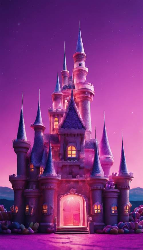 一座完全由糖果制成的优雅城堡在紫色的黄昏天空下闪闪发光。