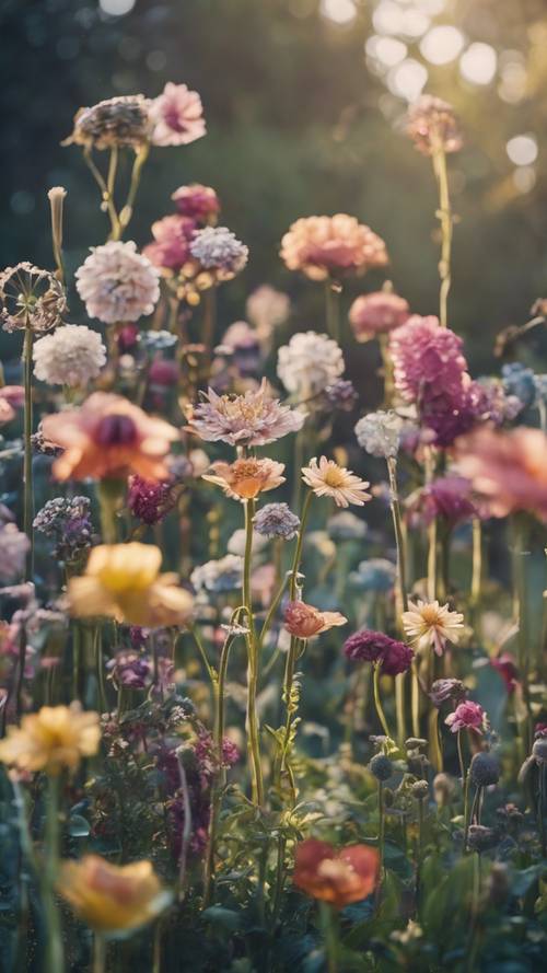 Zaczarowany ogród utworzony przez różnorodne szczegółowe, fantazyjne kwiaty.