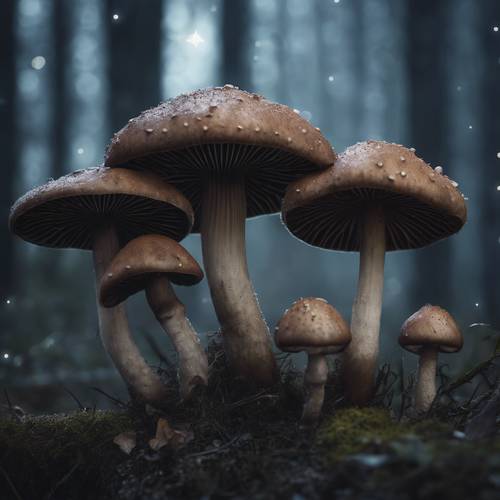 Immense dark mushrooms in a dense, foggy forest under a starlit sky.