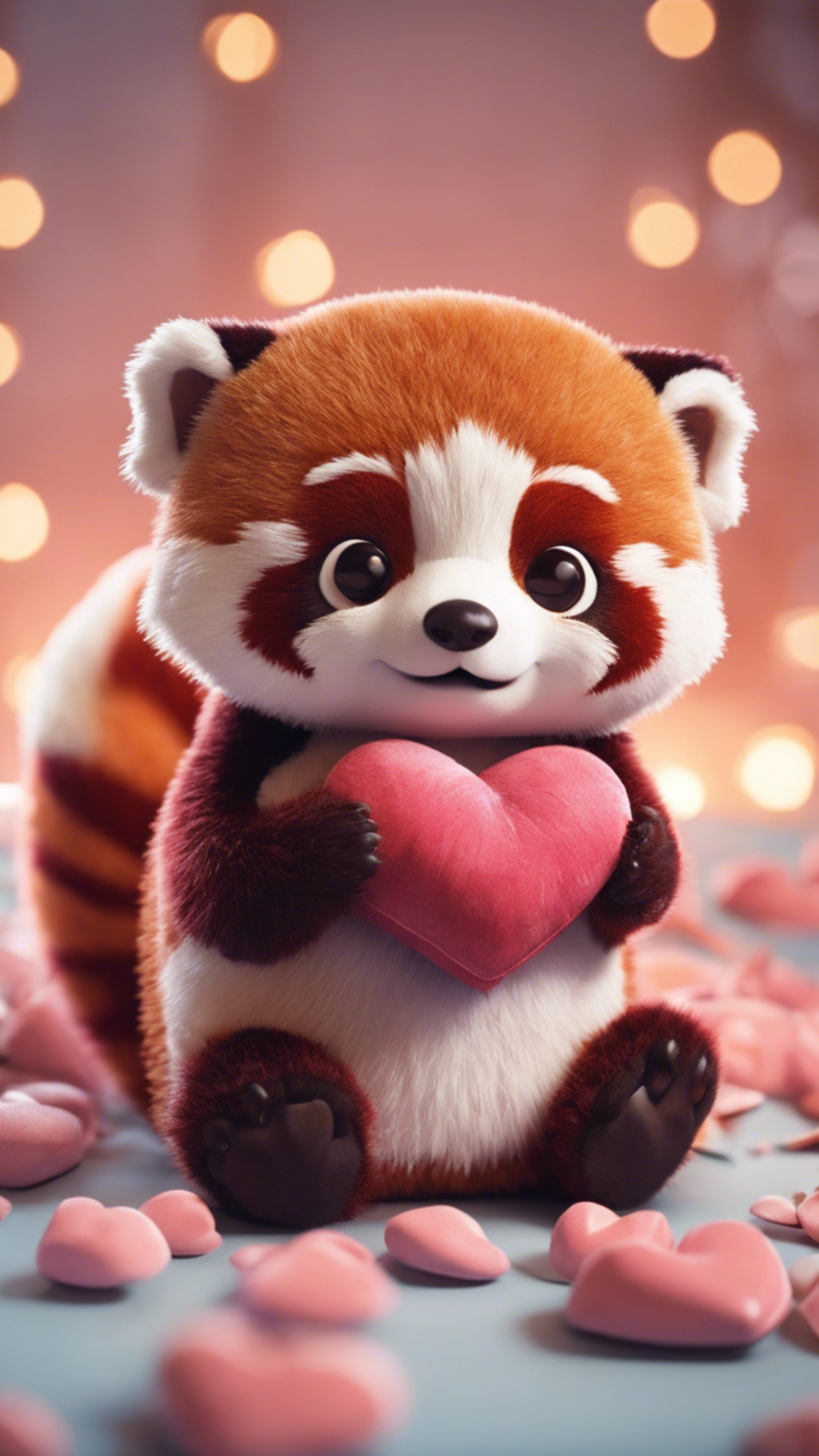 A kawaii red panda, wide-eyed, hugging a heart-shaped pillow. Шпалери[45d6f15b7fce49d58985]
