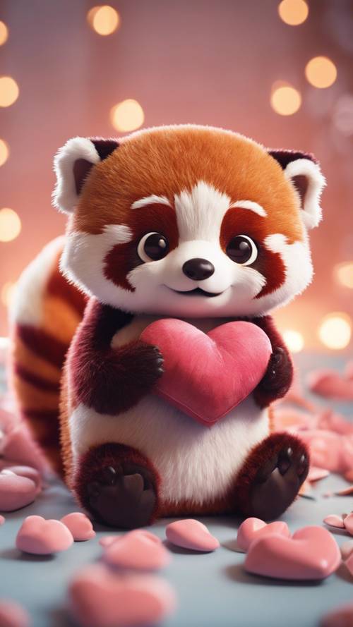 Seekor panda merah kawaii, bermata terbelalak, memeluk bantal berbentuk hati.