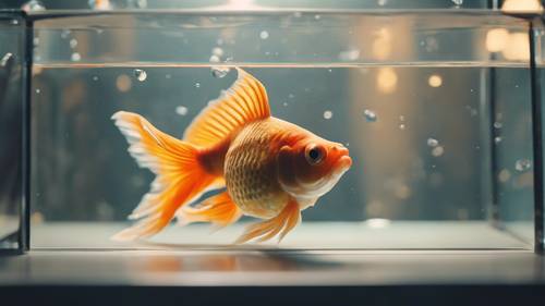 A singular goldfish isolated in a small tank, looking out to an open room.