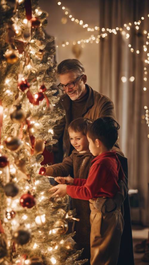 Un pasteur chaleureux aide les enfants à accrocher des décorations pour un service de Noël festif.