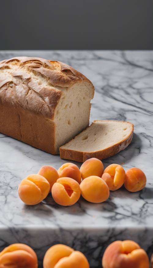 A freshly baked loaf of bread on a gray marble countertop with orange apricots scattered around.