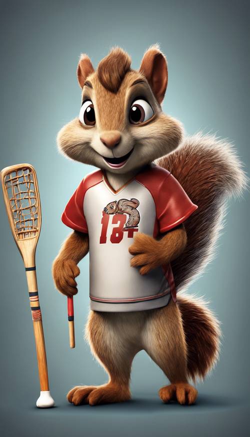 Un personaggio dei cartoni animati illustrato di uno scoiattolo che ride con in mano un bastone da lacrosse e indossa una maglia della squadra.