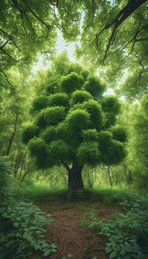 在晴朗的天空下，茂密的森林中，一棵鬱鬱蔥蔥的綠樹茁壯成長。