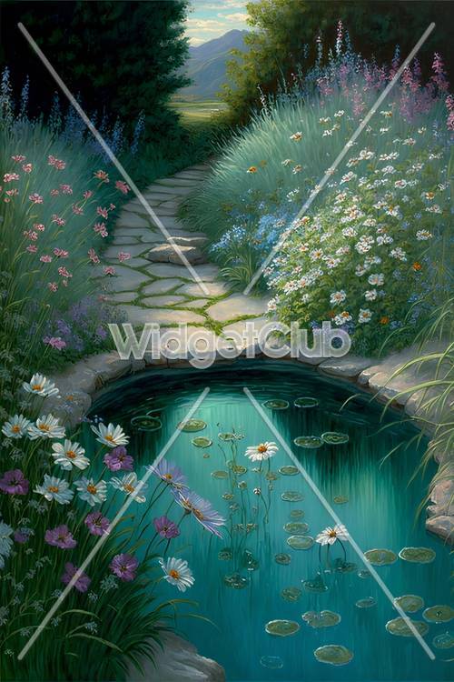 Enchanted Garden Path by the Pond Taustakuva [989b761dc13c446c9d54]