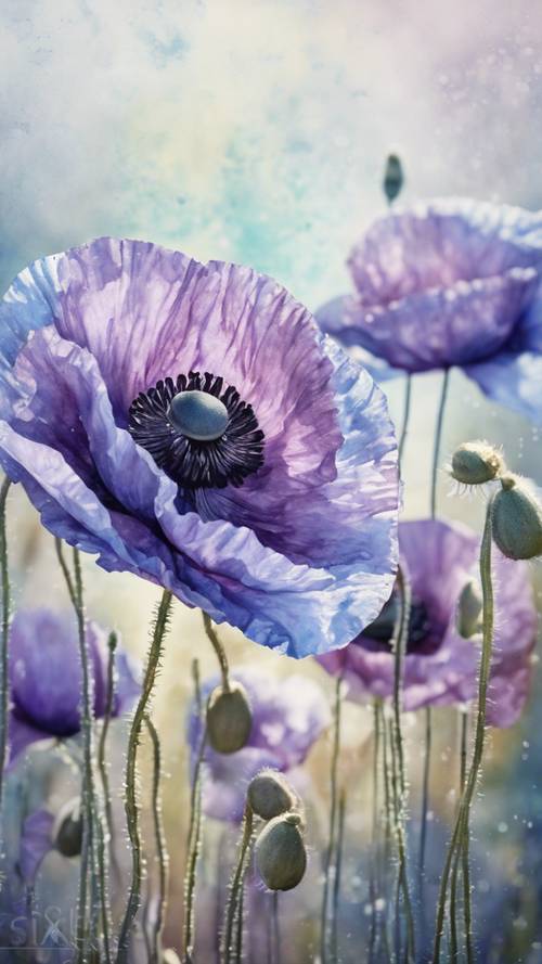 A watercolor painting of a series of poppies in purple and blue hues.