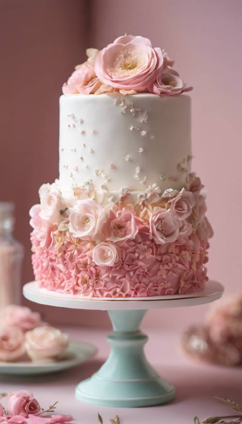 Der atemberaubende Anblick eines weißen Kuchens mit rosa Ombre-Glasur, verziert mit zarten Fondant-Blumen und Blätterranken.