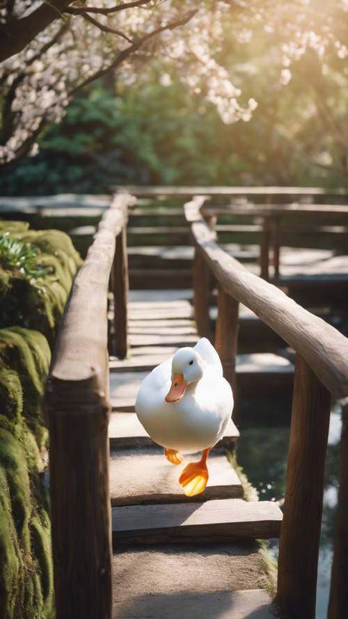 An enchanting white duck walking over a footbridge in a serene Japanese garden.