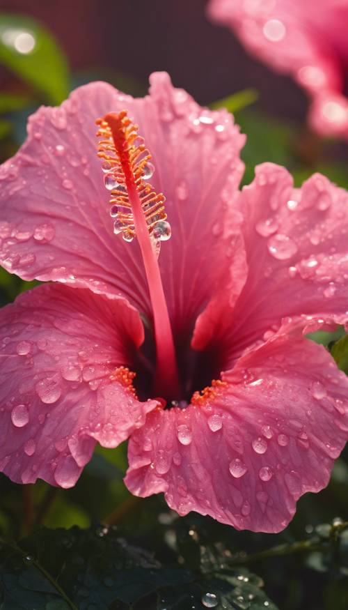 A close-up view of a vibrant pink hibiscus flower in full bloom with dew drops sparkling under the morning sunlight