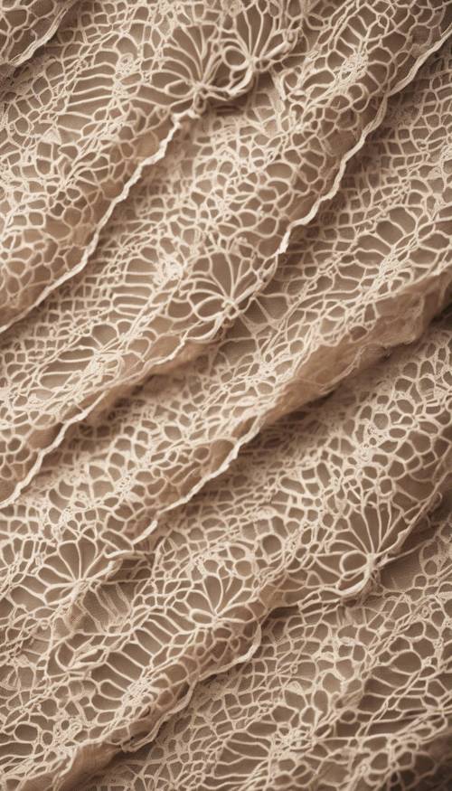 Lace pattern on a beige fabric in a rustic setting.