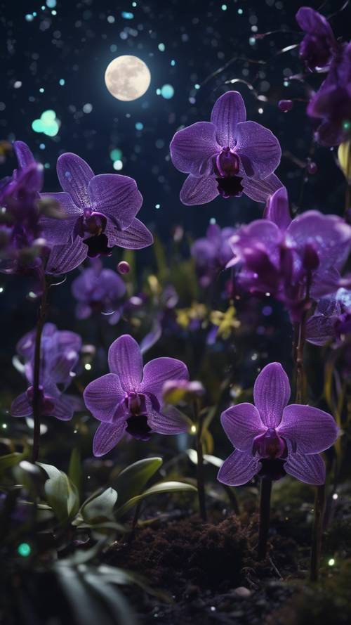 Yıldızlı gece gökyüzünün altında parlayan biyolüminesans bitkilerle dolu karanlık bir orkide bahçesi.