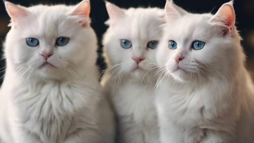 Three white cats with differing sizes lined up in order of height.