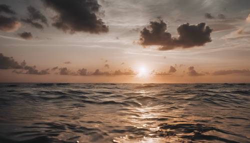 Pemandangan monokrom yang indah saat matahari terbenam di atas lautan tropis.