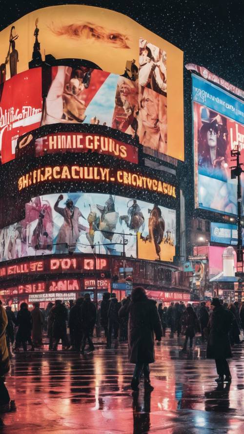 The Piccadilly Circus awash in the neon glow of advertisements in a chilly winter evening.