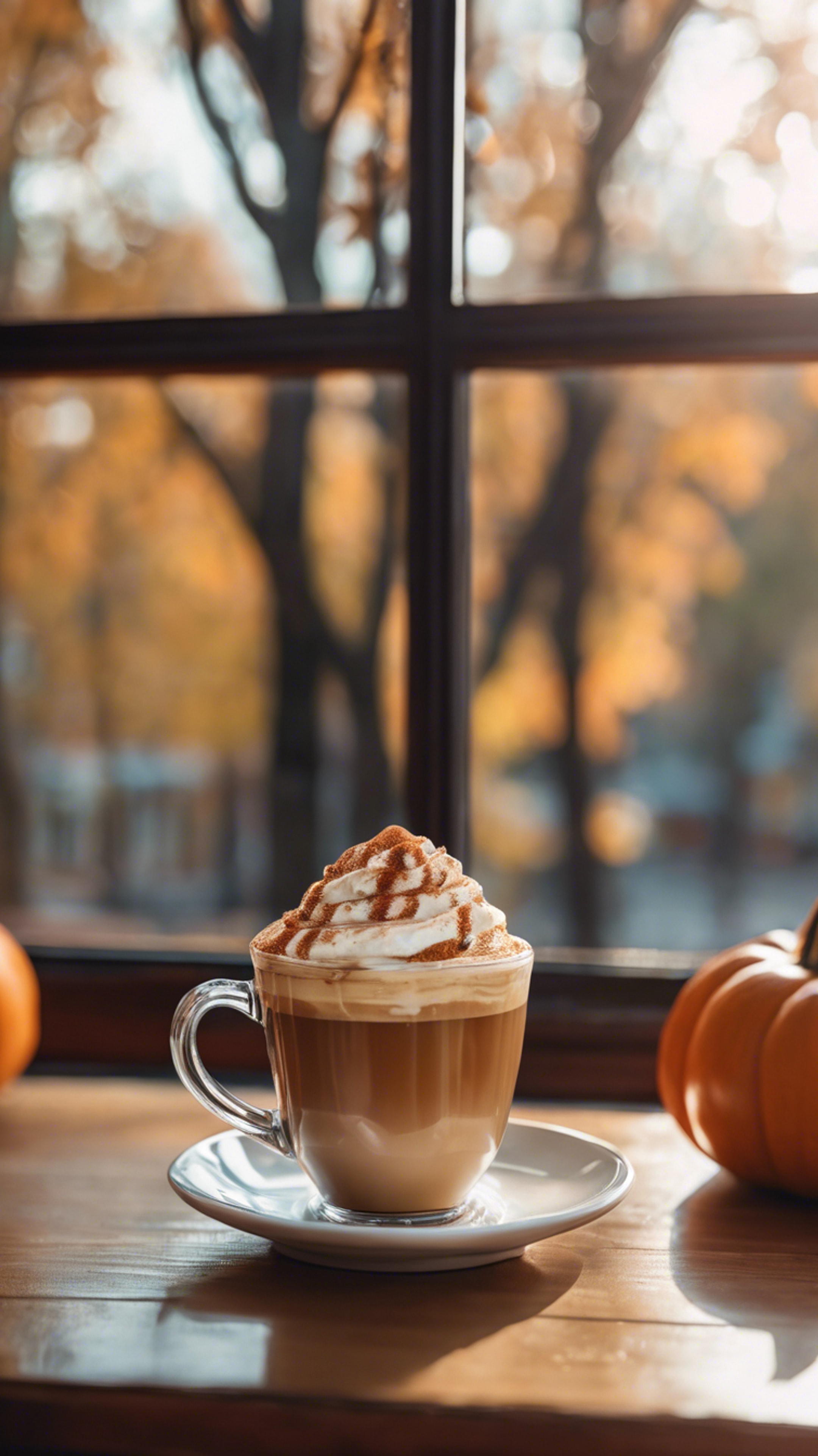 A cinnamon scented, aesthetically decorated pumpkin spice latte on a café table beside a window showing fall trees. Wallpaper[744c595cd79c47deb68d]