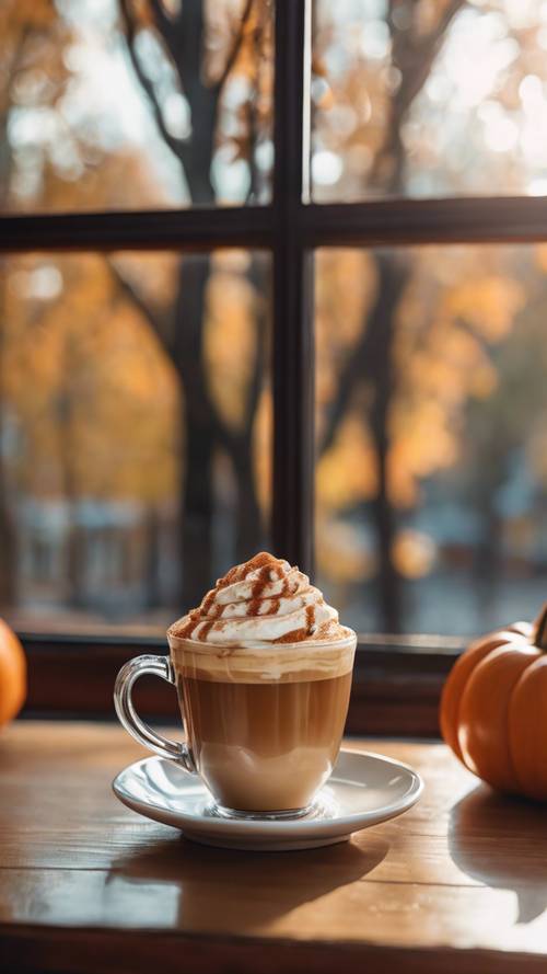 Un café con leche con especias de calabaza, estéticamente decorado y con aroma a canela, sobre una mesa de café junto a una ventana que muestra árboles en otoño.