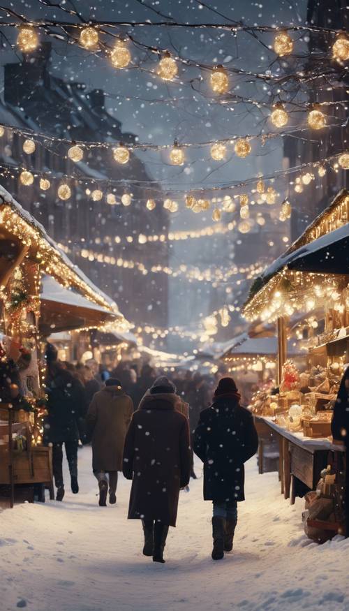 Un mercado navideño espectral, repleto de compradores fantasmas bajo un cielo cubierto de nieve.