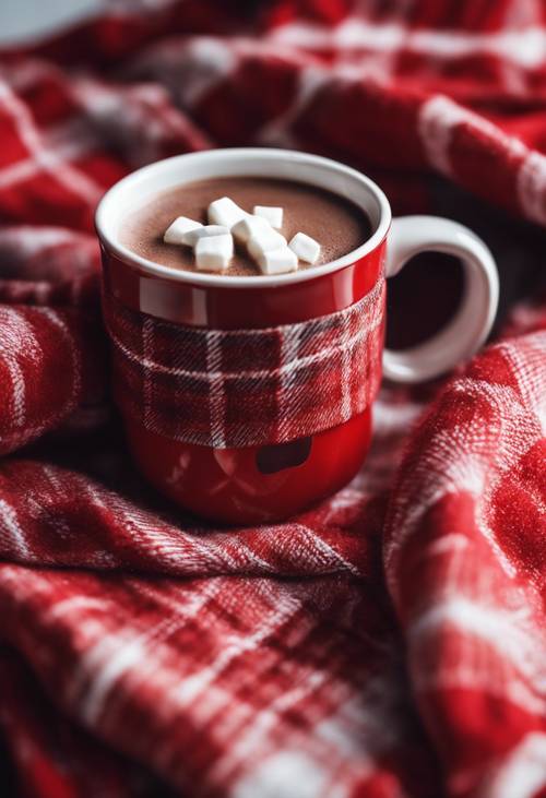 Vista de uma xícara de chocolate quente envolta em um aconchegante cobertor xadrez vermelho e branco.